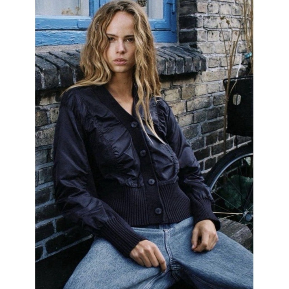 ZARA Navy Blue Mixed-Media Knit & Ruched Bomber Cardigans Jacket Womens M
